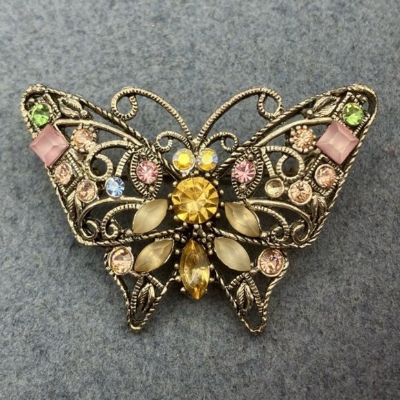 Butterfly Pin Brooch Silver As Is Rhinestone Pink Green Blue Yellow Retro Boho - Picture 2 of 11